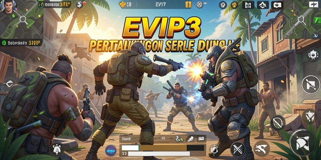 Screenshot utama EVIP3 menampilkan intensitas pertempuran Battle Royale.