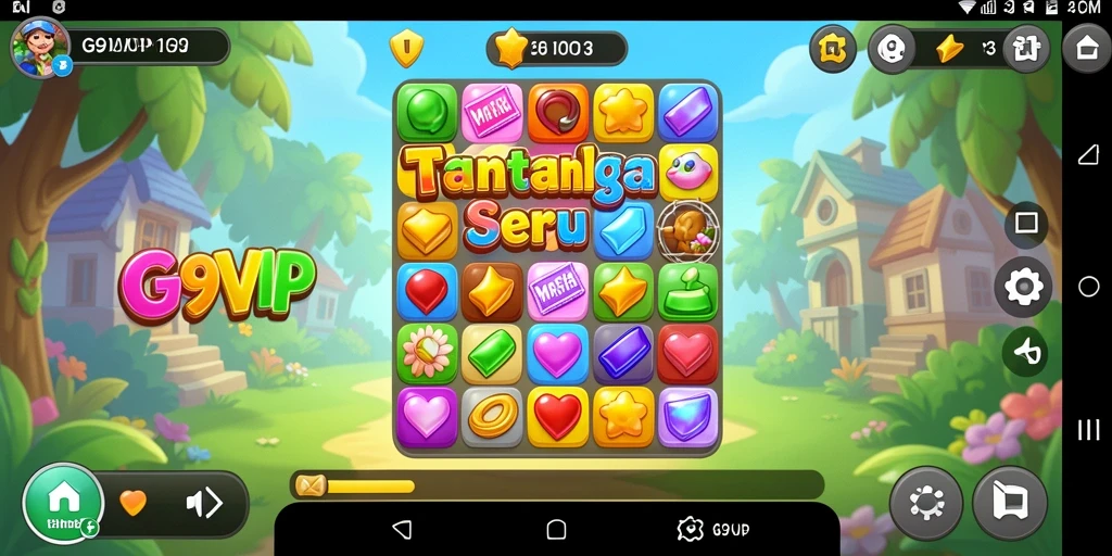 Screenshot gameplay G9VIP menunjukkan level Match-3 yang menantang.
