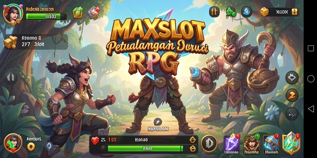 Screenshot gameplay RPG MAXSLOT yang menampilkan karakter bertarung di dungeon.
