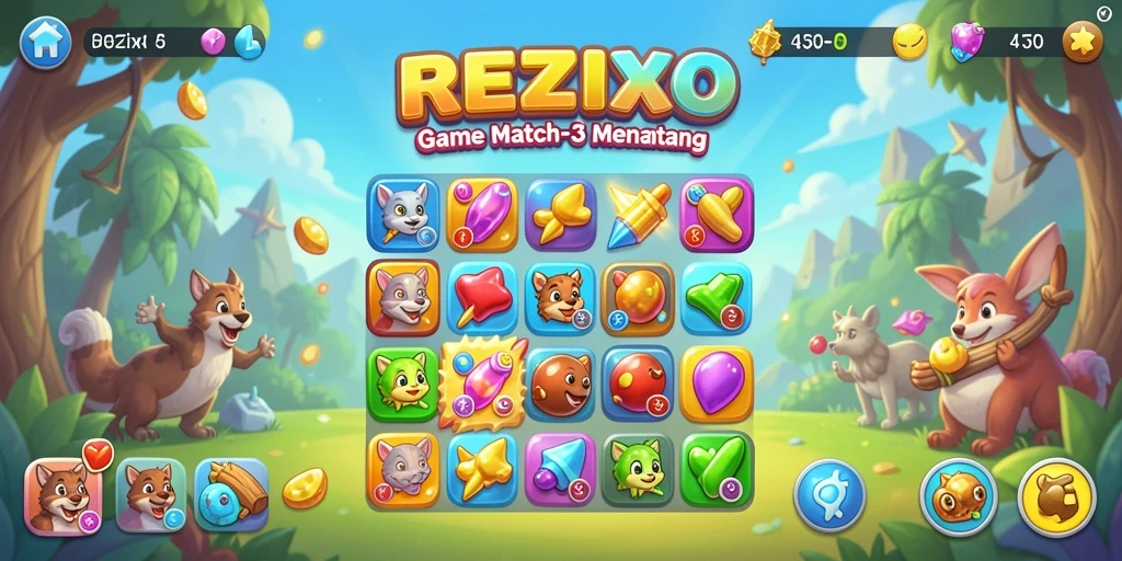 Tampilan gameplay seru dari REZIXO dengan warna-warni permata.